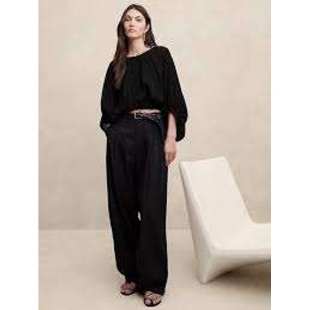 Banana Republic Eliana Cotton Silk Top Size L Black Balloon Sleeve Bubble Hem